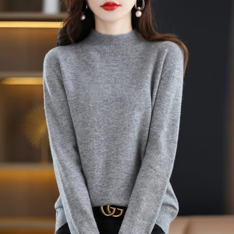 Luxurious 100% Pure Wool Half-Neck Cashmere Pullover: Women's Casual Knit Top for Autumn & Winter - 19 Vibrant Colors