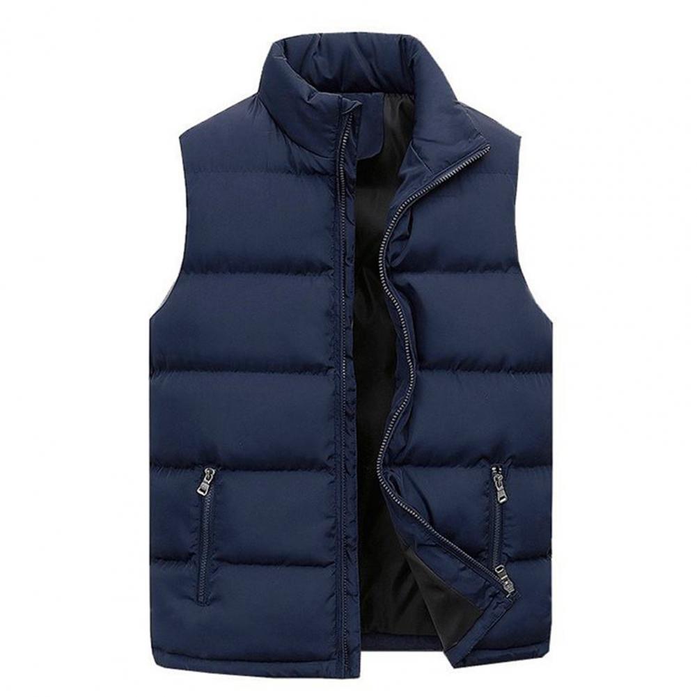 Men's Padded Stand Collar Sleeveless Jacket - Solid Color, Thicken, Cold-Proof Cotton Vest Waistcoat