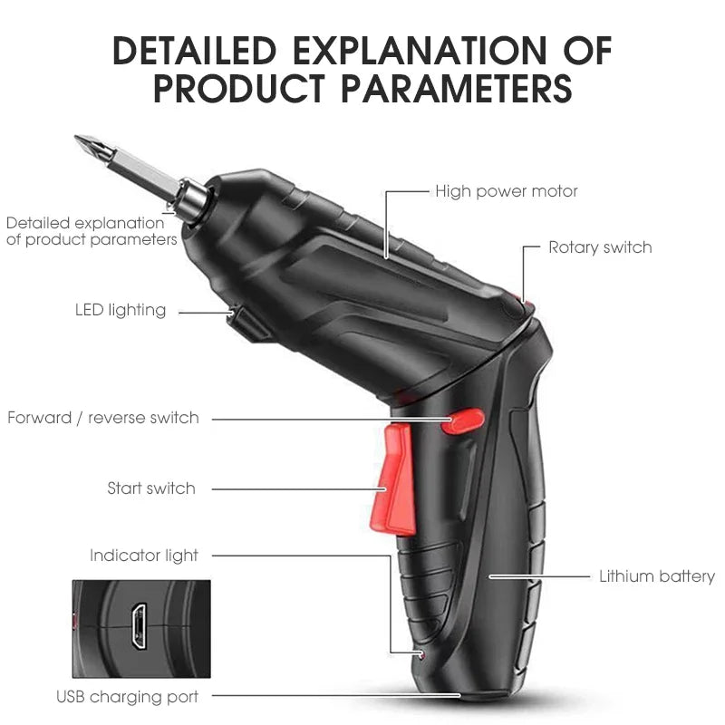 Rechargeable 3.6V Lithium Battery Cordless Electric Screwdriver & Drill Kit - Folding Power Tools for Home Use (2/47Pcs)