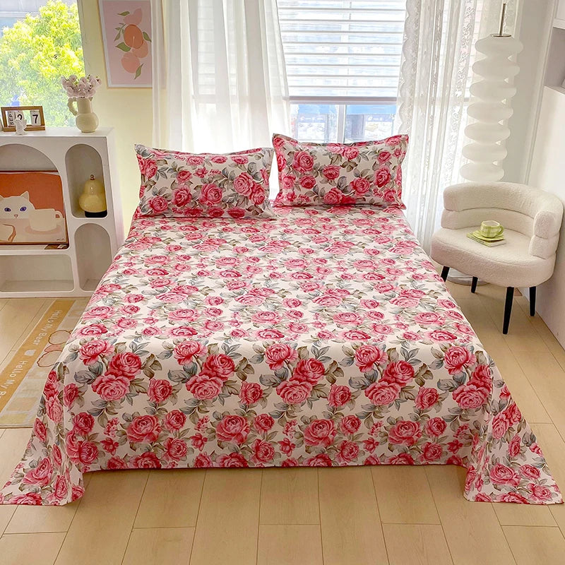 Luxurious Red Flower Printed Flat Bed Sheets - Double, Queen, and King Sizes Available - Premium Reactive Print