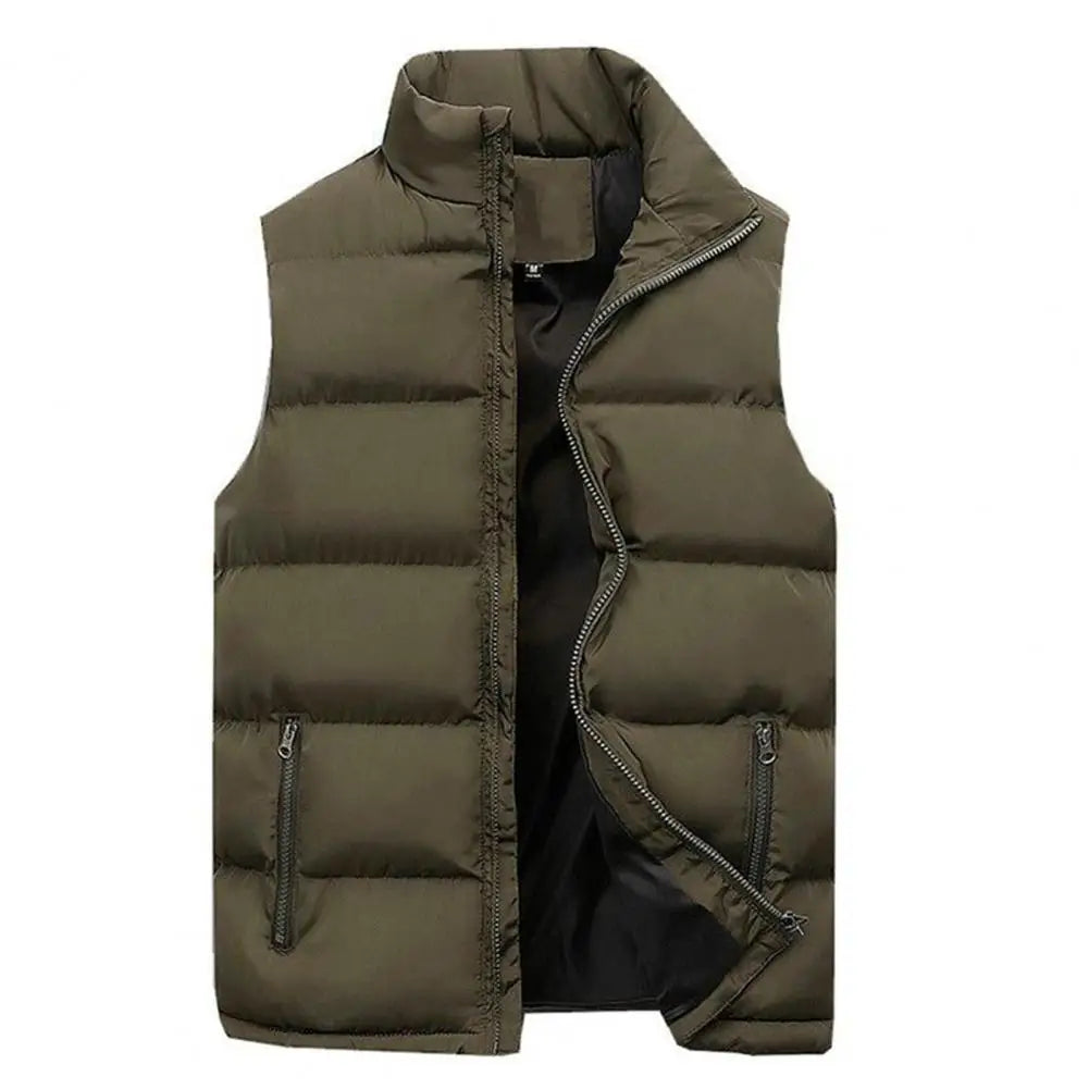 Men's Padded Stand Collar Sleeveless Jacket - Solid Color, Thicken, Cold-Proof Cotton Vest Waistcoat