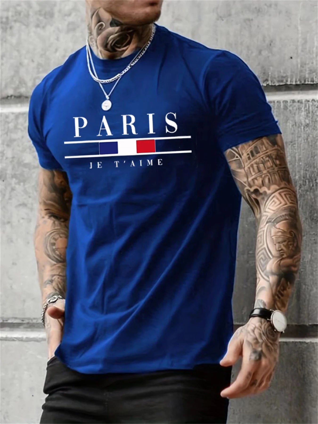 Men's 100% Pure Cotton Casual PARIS Print Summer Loose Fit Round Neck T-Shirt