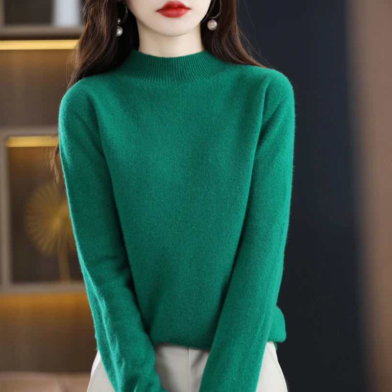 Luxurious 100% Pure Wool Half-Neck Cashmere Pullover: Women's Casual Knit Top for Autumn & Winter - 19 Vibrant Colors