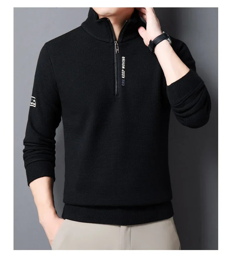 Men's Luxury Thick Knit Turtleneck: Solid Color, Half-Zip, Warm & Fashionable Sweater