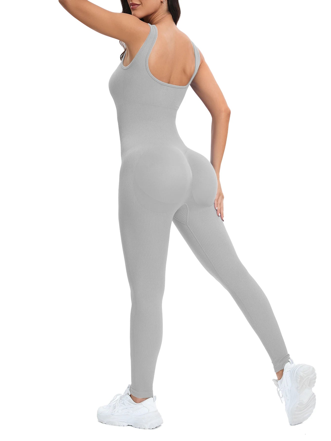 Ultra-Comfortable, Stylish Shapewear Jumpsuit for Women with Built-in Bra and Ribbed Design - Bodycon Square Neck, Sleeveless Summer Romper