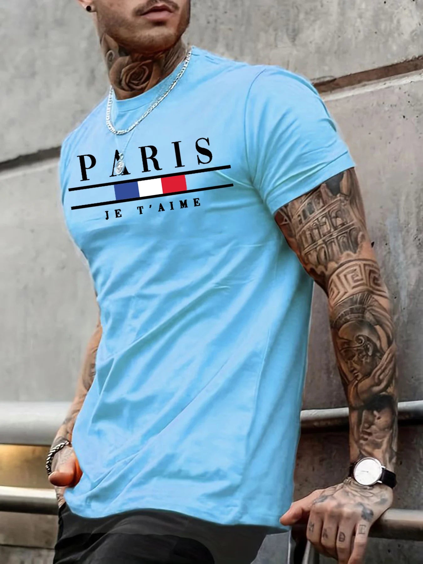 Men's 100% Pure Cotton Casual PARIS Print Summer Loose Fit Round Neck T-Shirt