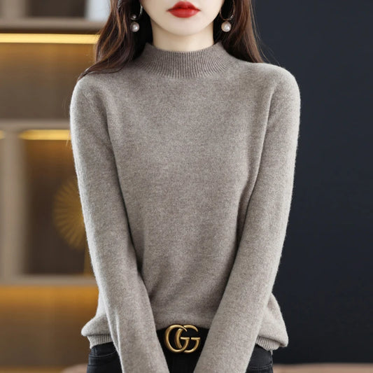 Luxurious 100% Pure Wool Half-Neck Cashmere Pullover: Women's Casual Knit Top for Autumn & Winter - 19 Vibrant Colors