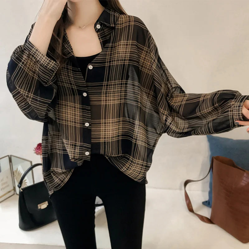 Women's Chic Plaid Long-Sleeve Shirt | Autumn Korean Casual Polo Coat