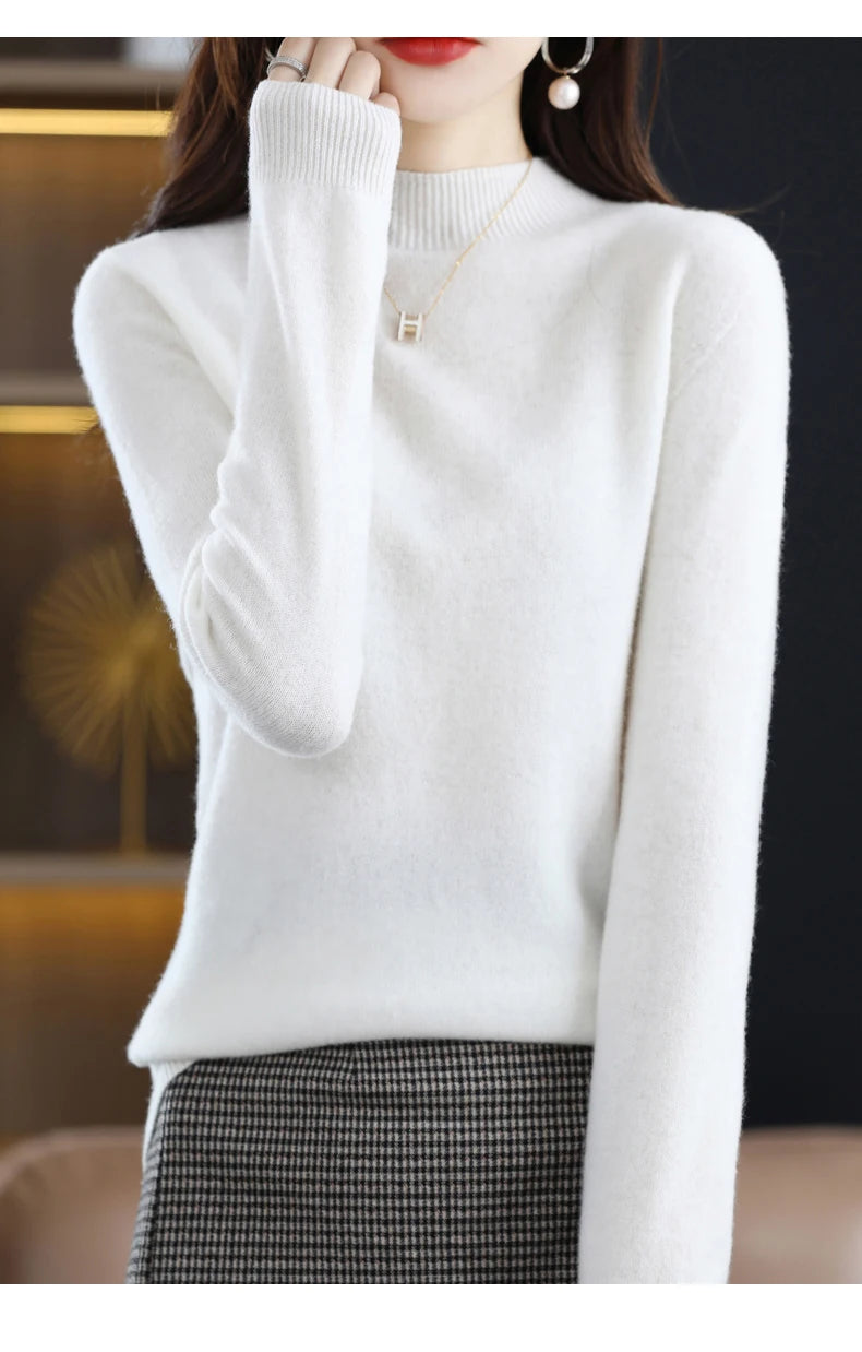 Luxurious 100% Pure Wool Half-Neck Cashmere Pullover: Women's Casual Knit Top for Autumn & Winter - 19 Vibrant Colors