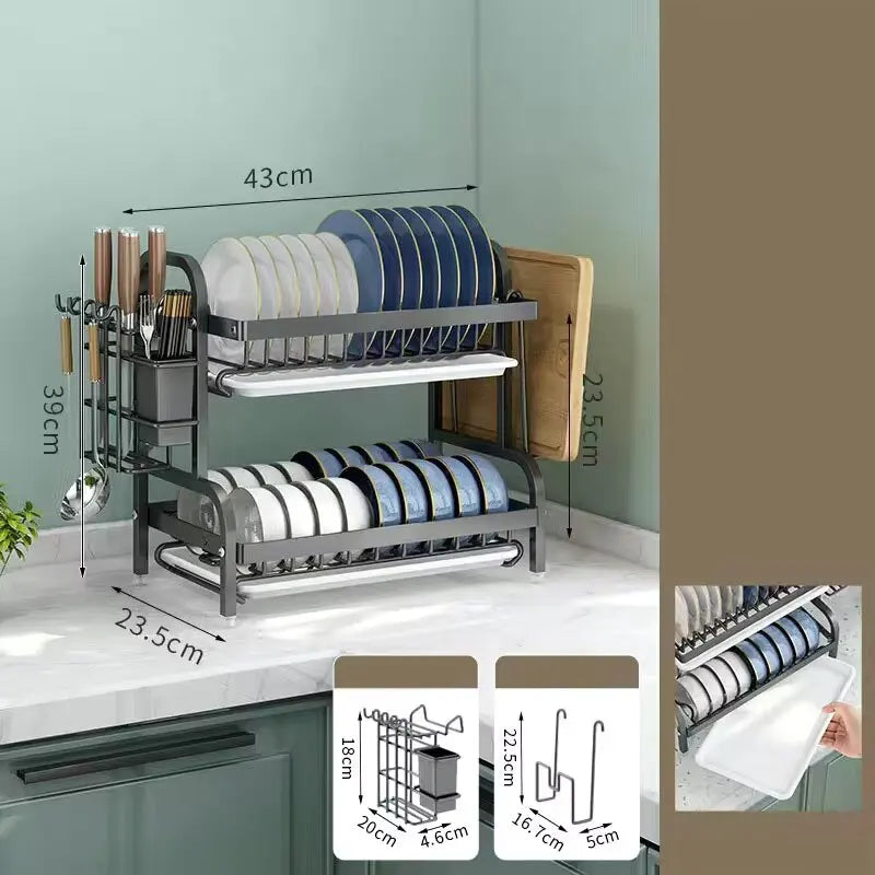 Ultimate 2-Tier Rust-Proof Dish Drying Rack with Drainboard and Utensil Holder – Maximize Compact Kitchen Space