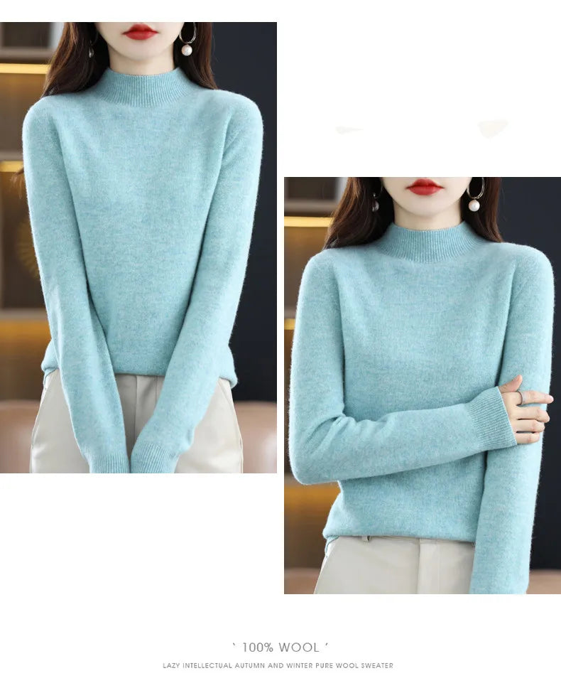 Luxurious 100% Pure Wool Half-Neck Cashmere Pullover: Women's Casual Knit Top for Autumn & Winter - 19 Vibrant Colors