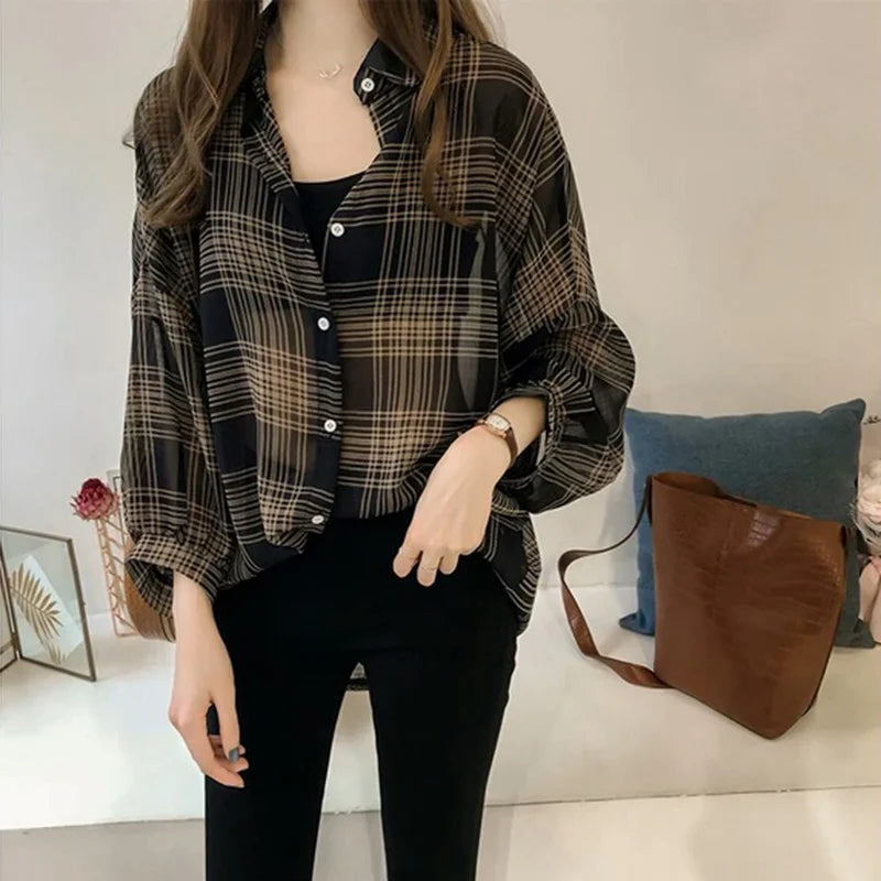 Women's Chic Plaid Long-Sleeve Shirt | Autumn Korean Casual Polo Coat