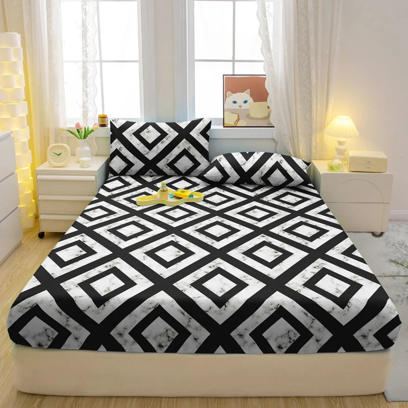 Elegant Modern Geometry Printed Matte Fitted Sheet – Stylish Bedroom Bedding (Pillowcases Not Included)