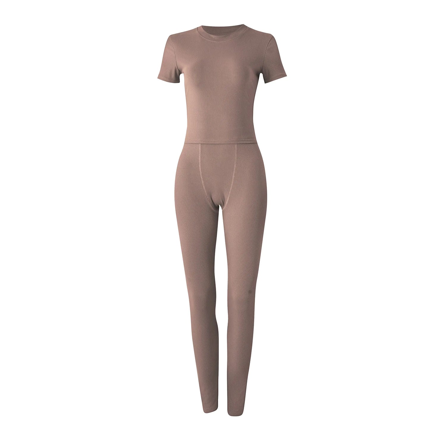 Effortless Elegance: Women's Ribbed Summer Lounge Set with Short Sleeve Top & Elastic Leggings