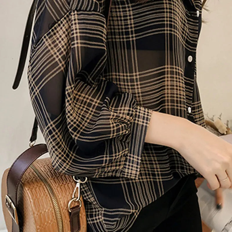 Women's Chic Plaid Long-Sleeve Shirt | Autumn Korean Casual Polo Coat