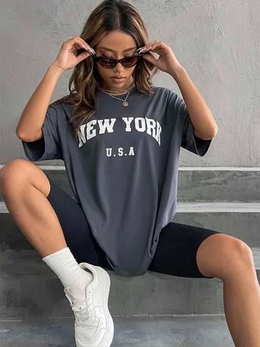 Blessyuki New York Retro O-Neck Tees: Casual Streetwear for Women - Harajuku Style, Plus Size, Perfect Summer Essential