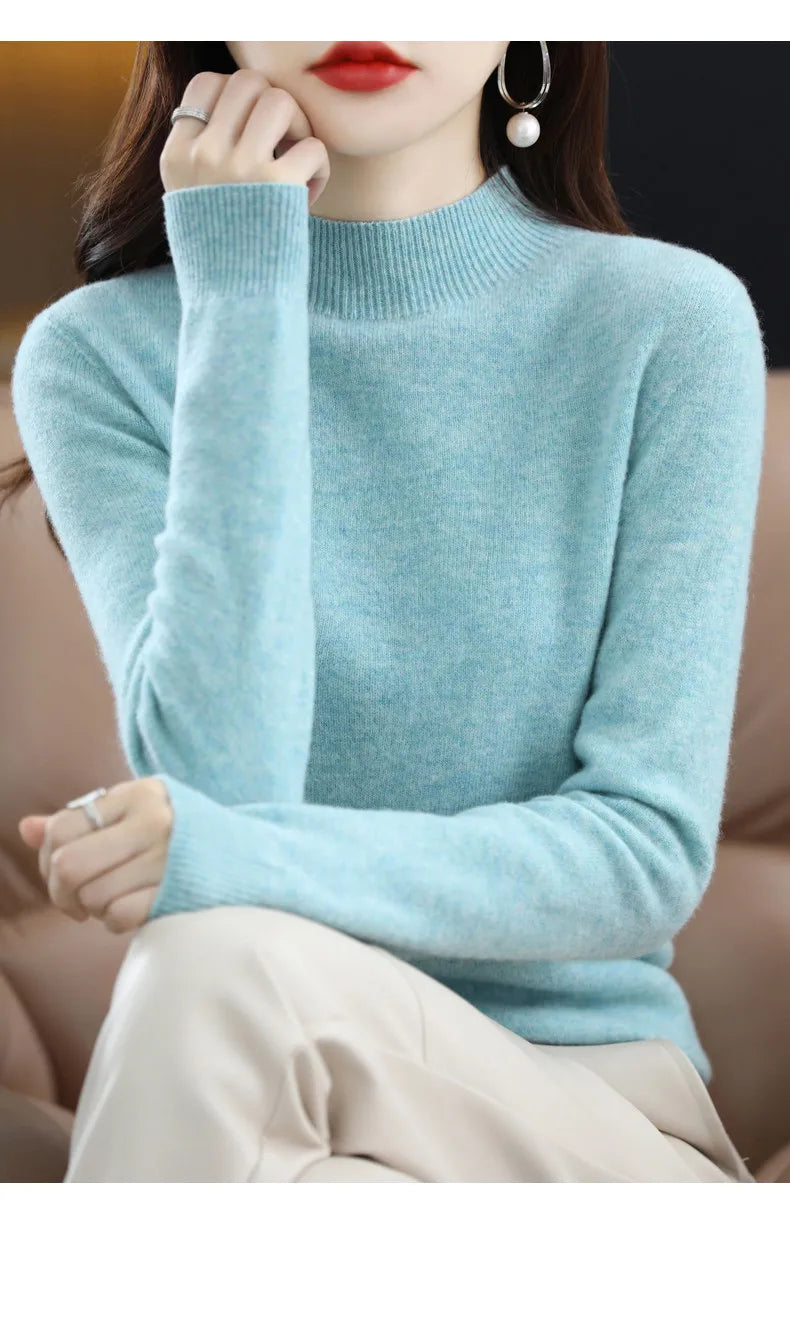 Luxurious 100% Pure Wool Half-Neck Cashmere Pullover: Women's Casual Knit Top for Autumn & Winter - 19 Vibrant Colors