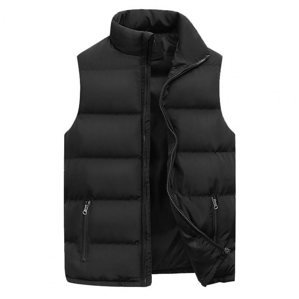 Men's Padded Stand Collar Sleeveless Jacket - Solid Color, Thicken, Cold-Proof Cotton Vest Waistcoat