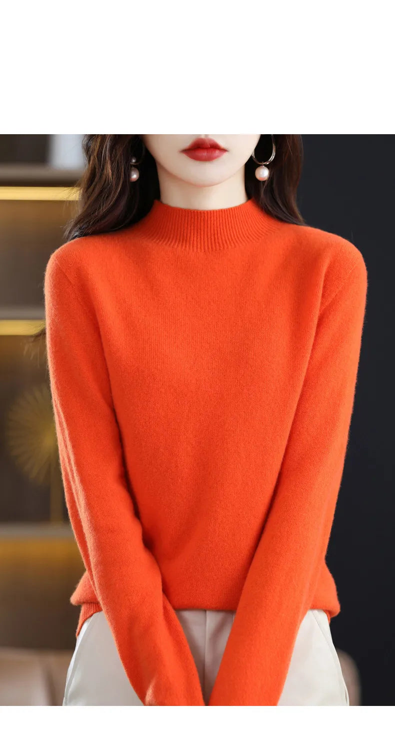 Luxurious 100% Pure Wool Half-Neck Cashmere Pullover: Women's Casual Knit Top for Autumn & Winter - 19 Vibrant Colors