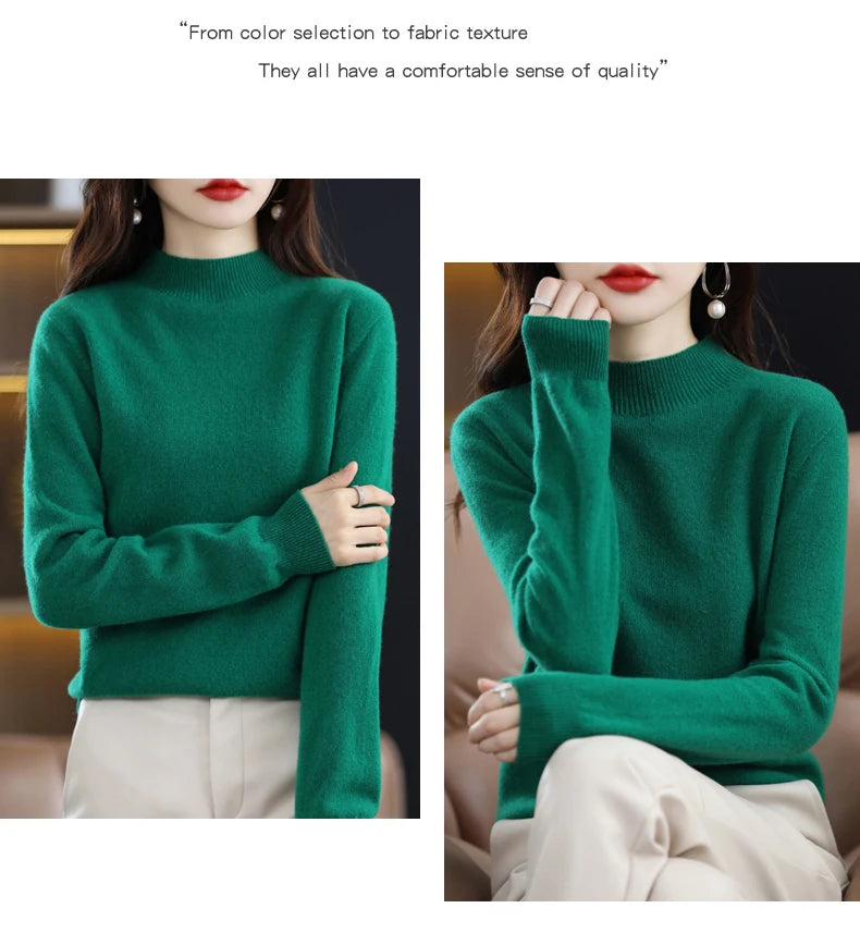 Luxurious 100% Pure Wool Half-Neck Cashmere Pullover: Women's Casual Knit Top for Autumn & Winter - 19 Vibrant Colors