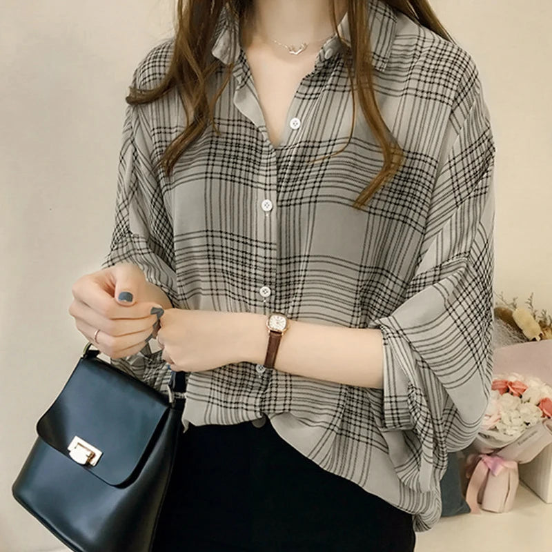 Women's Chic Plaid Long-Sleeve Shirt | Autumn Korean Casual Polo Coat