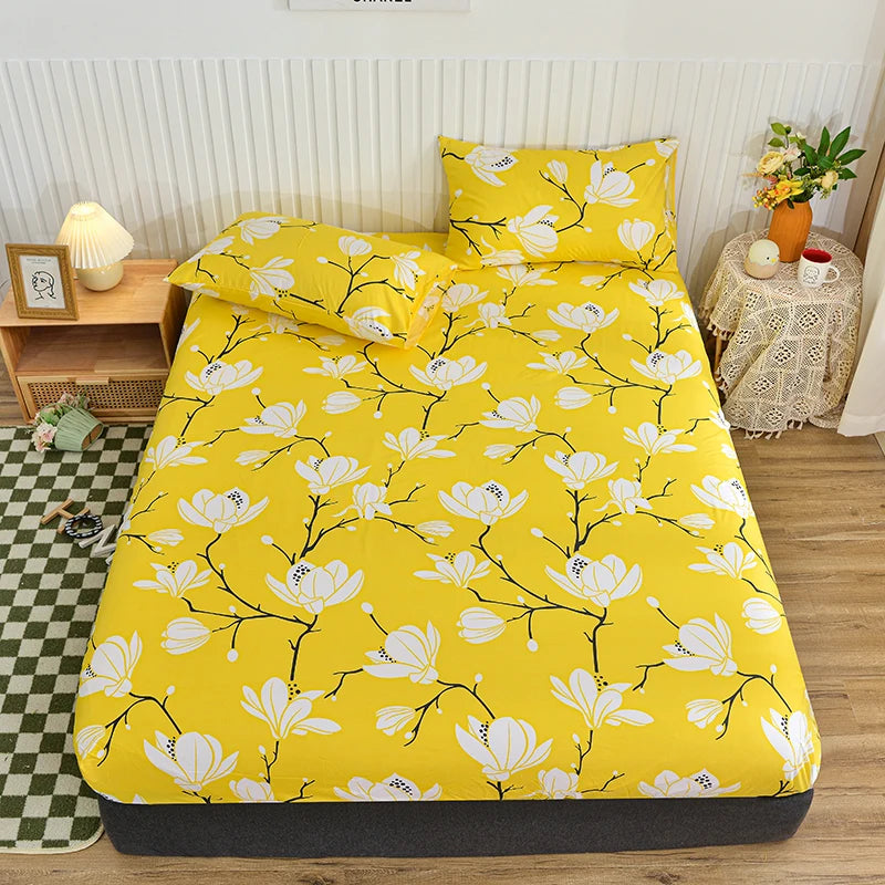 Blue Floral Elastic Fitted Bed Sheet - Twin/Queen/King Sizes, Reactive Printed Mattress Cover