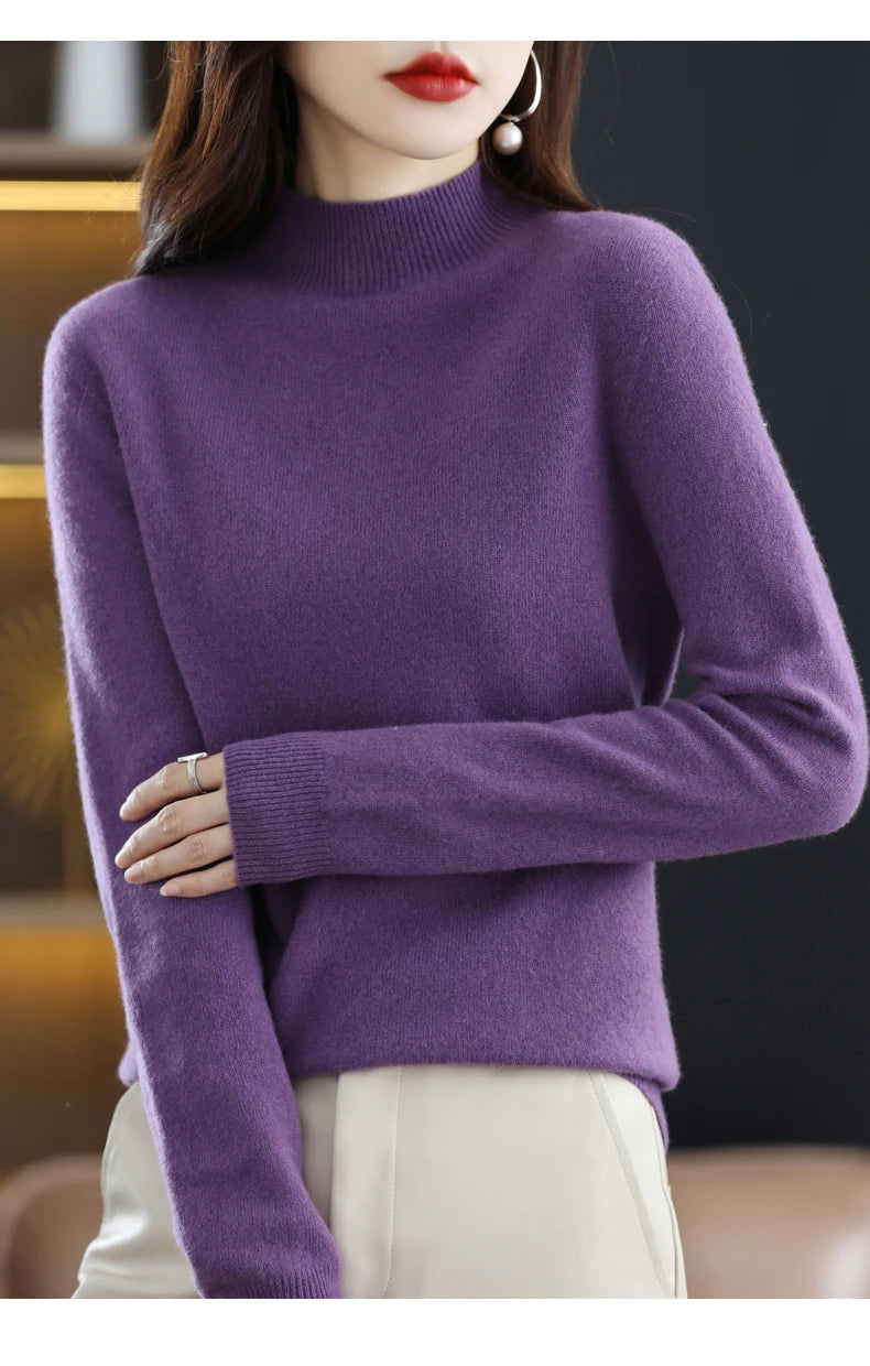 Luxurious 100% Pure Wool Half-Neck Cashmere Pullover: Women's Casual Knit Top for Autumn & Winter - 19 Vibrant Colors