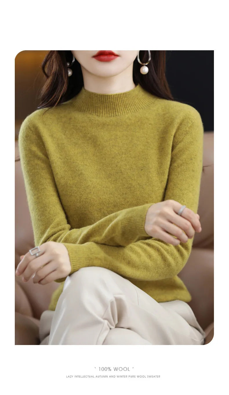 Luxurious 100% Pure Wool Half-Neck Cashmere Pullover: Women's Casual Knit Top for Autumn & Winter - 19 Vibrant Colors