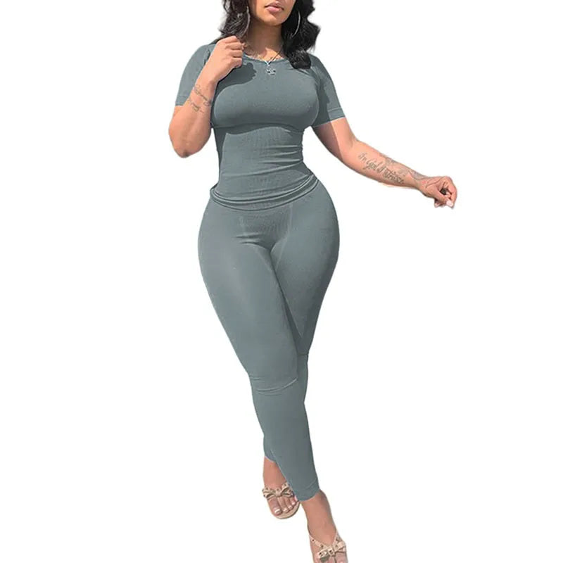 Effortless Elegance: Women's Ribbed Summer Lounge Set with Short Sleeve Top & Elastic Leggings