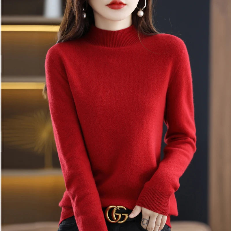 Luxurious 100% Pure Wool Half-Neck Cashmere Pullover: Women's Casual Knit Top for Autumn & Winter - 19 Vibrant Colors