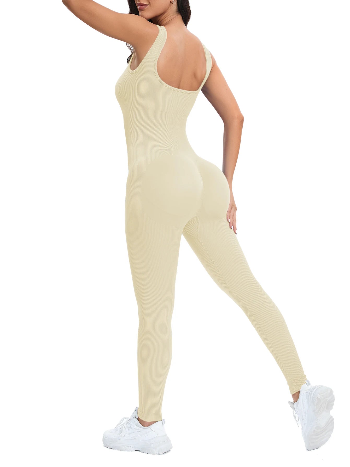 Ultra-Comfortable, Stylish Shapewear Jumpsuit for Women with Built-in Bra and Ribbed Design - Bodycon Square Neck, Sleeveless Summer Romper