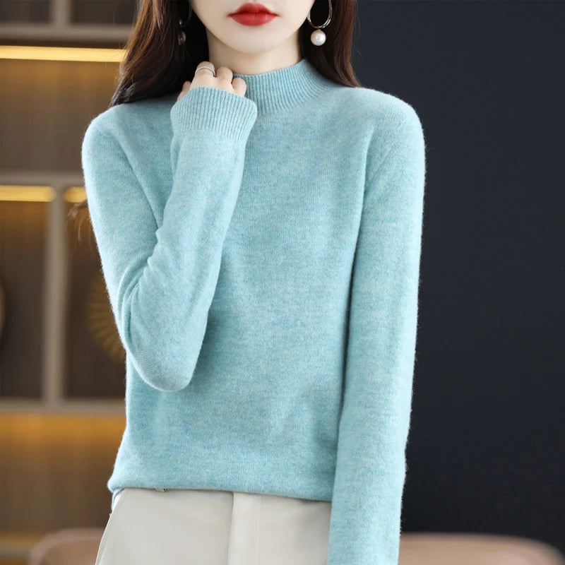 Luxurious 100% Pure Wool Half-Neck Cashmere Pullover: Women's Casual Knit Top for Autumn & Winter - 19 Vibrant Colors