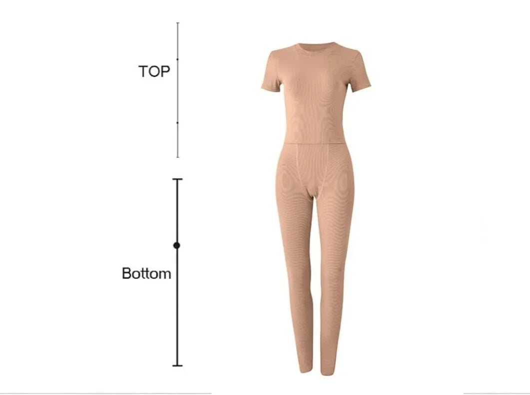 Effortless Elegance: Women's Ribbed Summer Lounge Set with Short Sleeve Top & Elastic Leggings