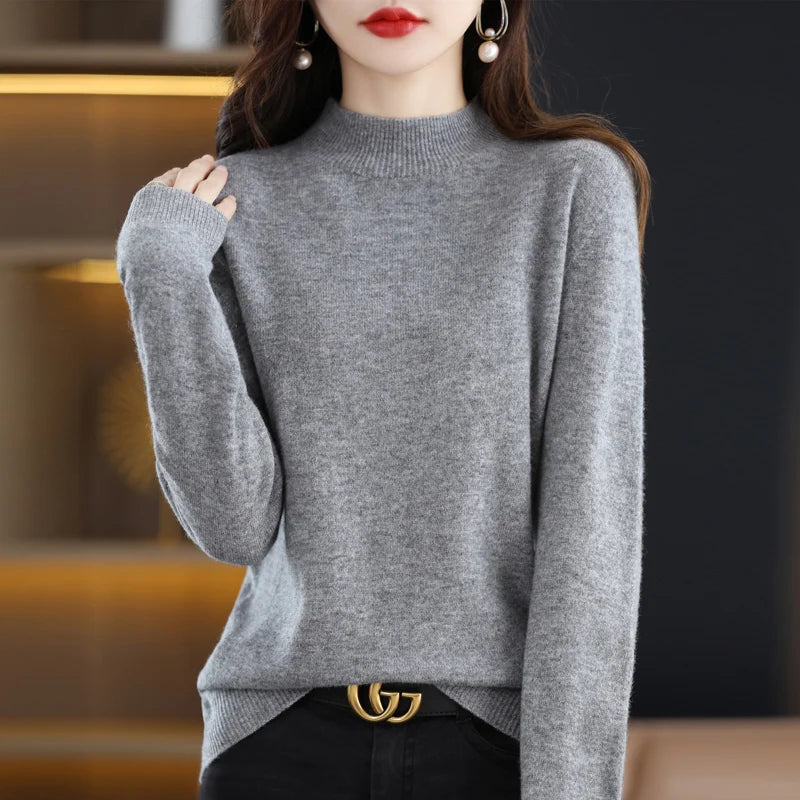 Luxurious 100% Pure Wool Half-Neck Cashmere Pullover: Women's Casual Knit Top for Autumn & Winter - 19 Vibrant Colors