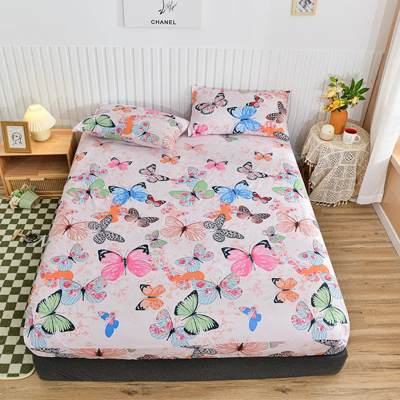 Blue Floral Elastic Fitted Bed Sheet - Twin/Queen/King Sizes, Reactive Printed Mattress Cover