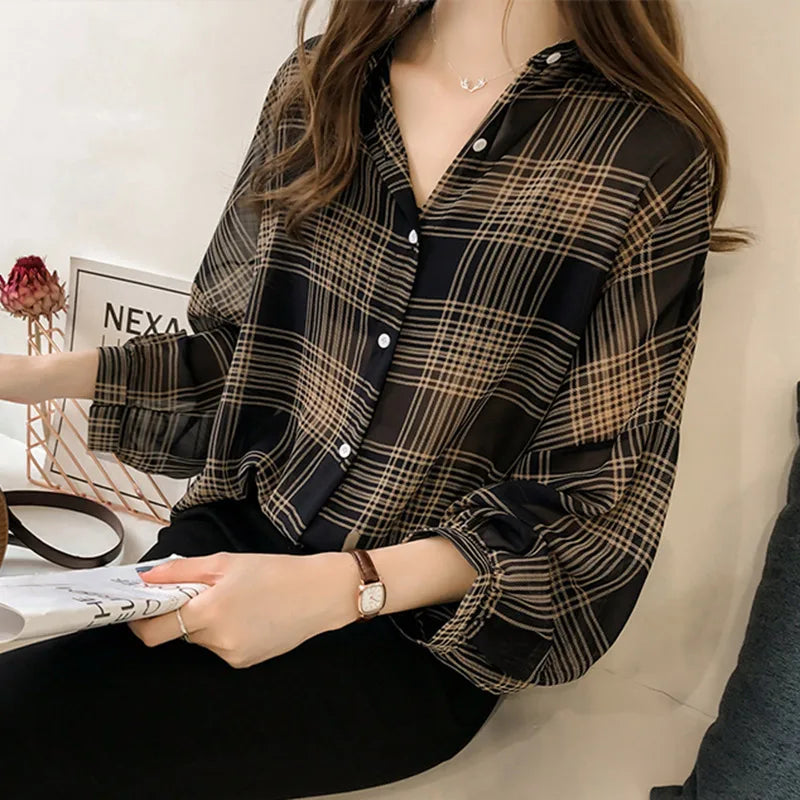 Women's Chic Plaid Long-Sleeve Shirt | Autumn Korean Casual Polo Coat