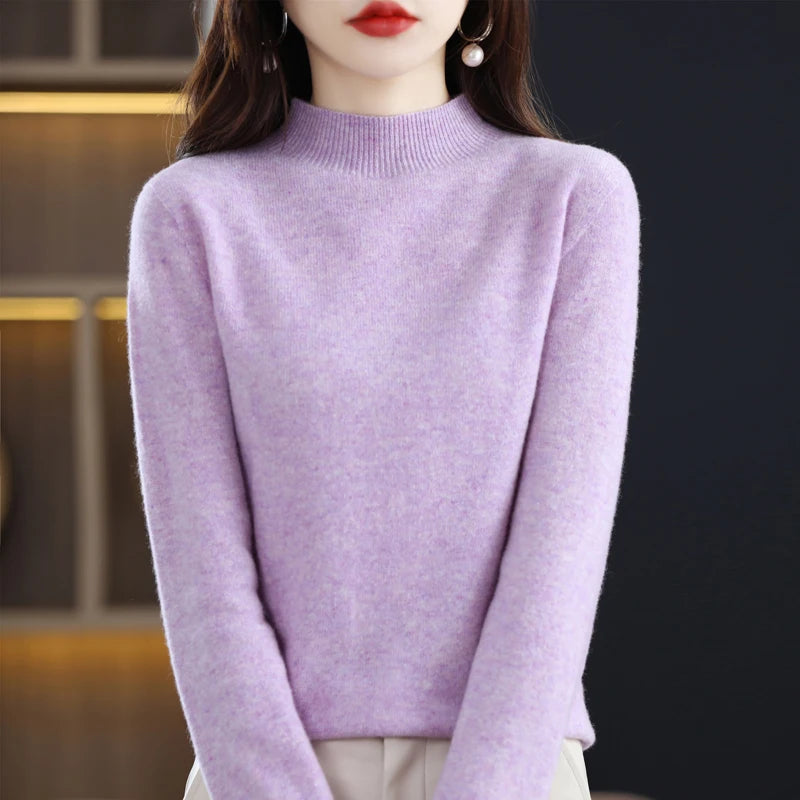 Luxurious 100% Pure Wool Half-Neck Cashmere Pullover: Women's Casual Knit Top for Autumn & Winter - 19 Vibrant Colors