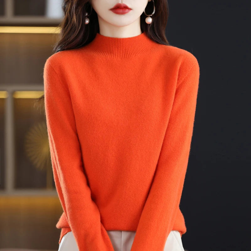 Luxurious 100% Pure Wool Half-Neck Cashmere Pullover: Women's Casual Knit Top for Autumn & Winter - 19 Vibrant Colors