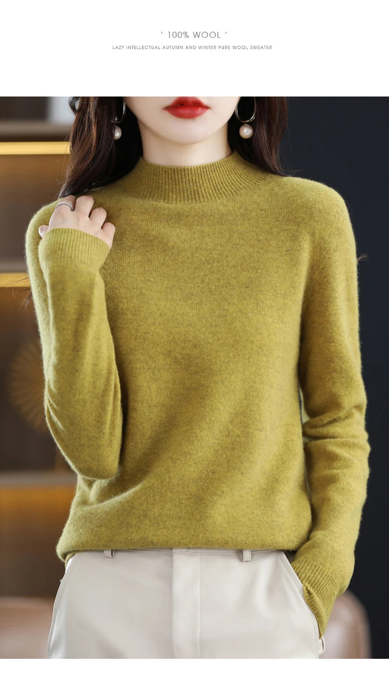 Luxurious 100% Pure Wool Half-Neck Cashmere Pullover: Women's Casual Knit Top for Autumn & Winter - 19 Vibrant Colors