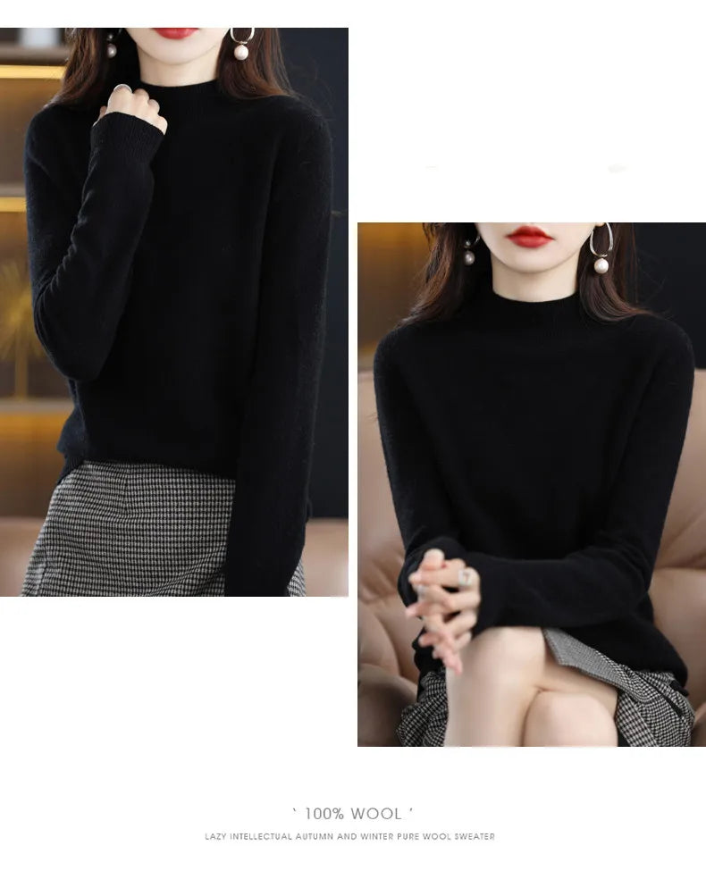 Luxurious 100% Pure Wool Half-Neck Cashmere Pullover: Women's Casual Knit Top for Autumn & Winter - 19 Vibrant Colors