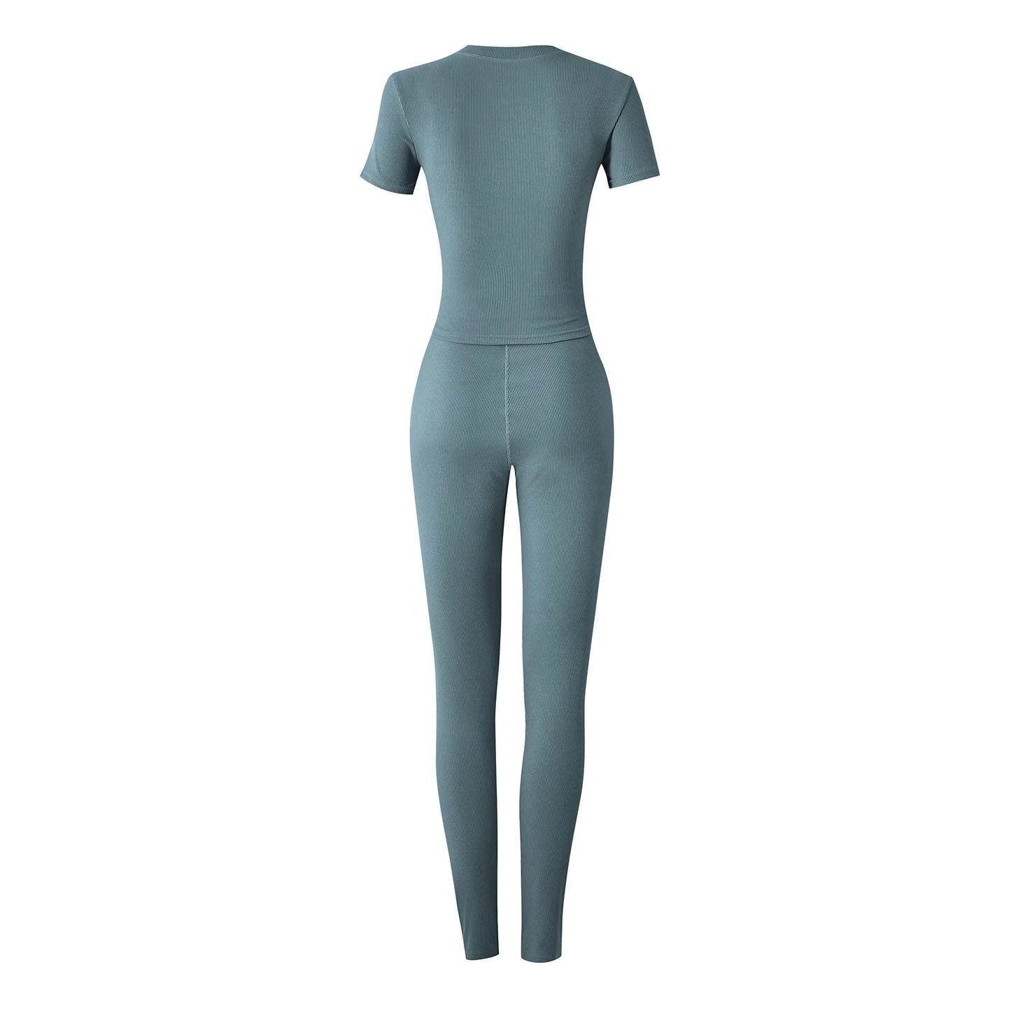 Effortless Elegance: Women's Ribbed Summer Lounge Set with Short Sleeve Top & Elastic Leggings