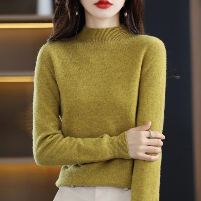 Luxurious 100% Pure Wool Half-Neck Cashmere Pullover: Women's Casual Knit Top for Autumn & Winter - 19 Vibrant Colors