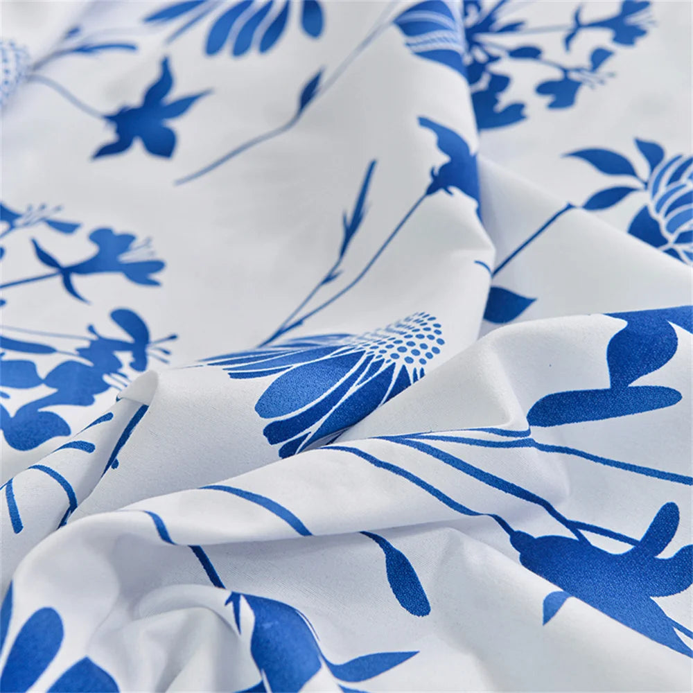 Blue Floral Elastic Fitted Bed Sheet - Twin/Queen/King Sizes, Reactive Printed Mattress Cover