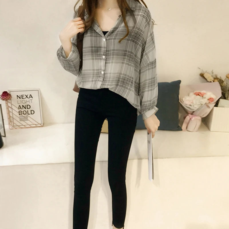 Women's Chic Plaid Long-Sleeve Shirt | Autumn Korean Casual Polo Coat