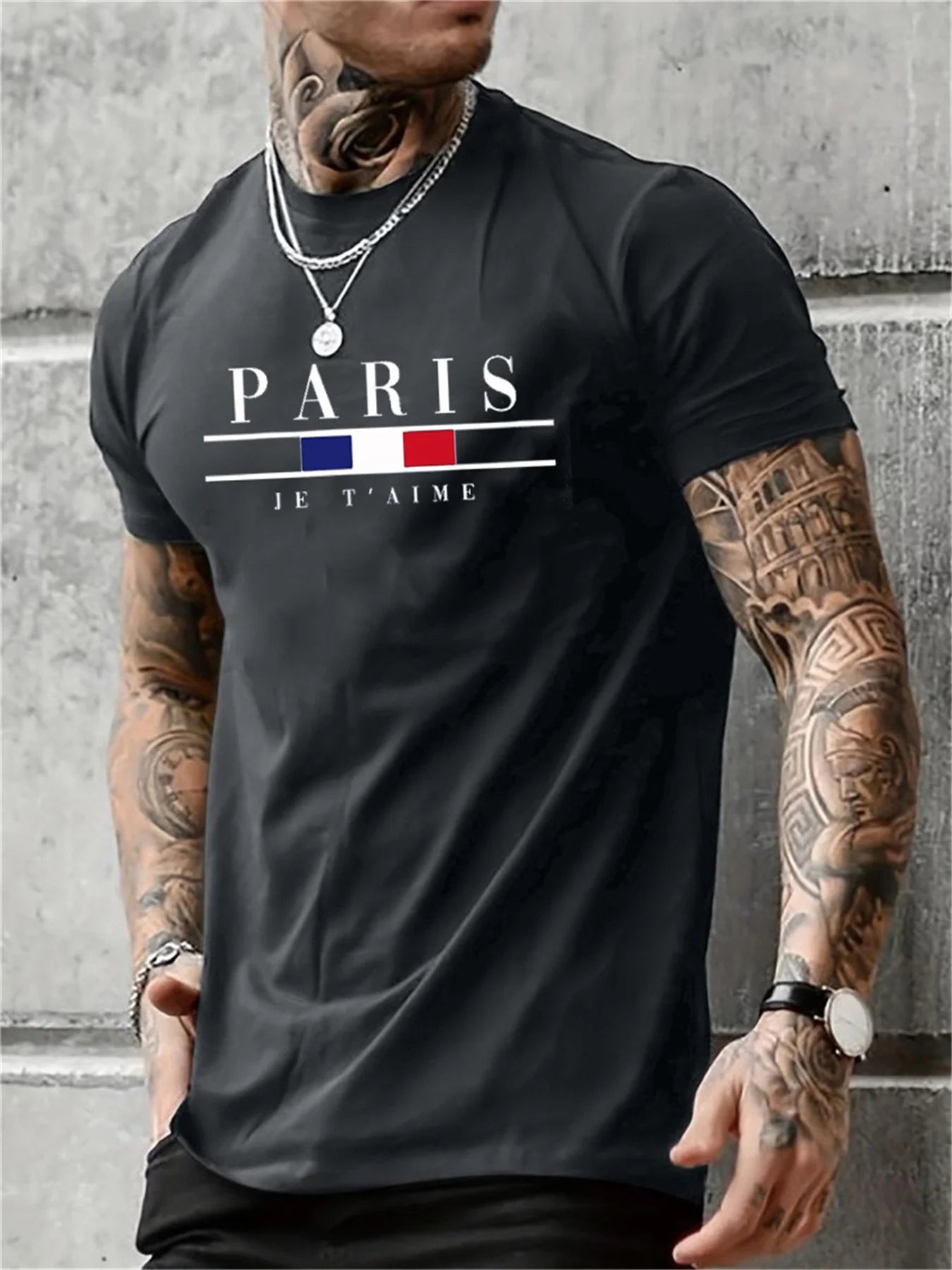 Men's 100% Pure Cotton Casual PARIS Print Summer Loose Fit Round Neck T-Shirt