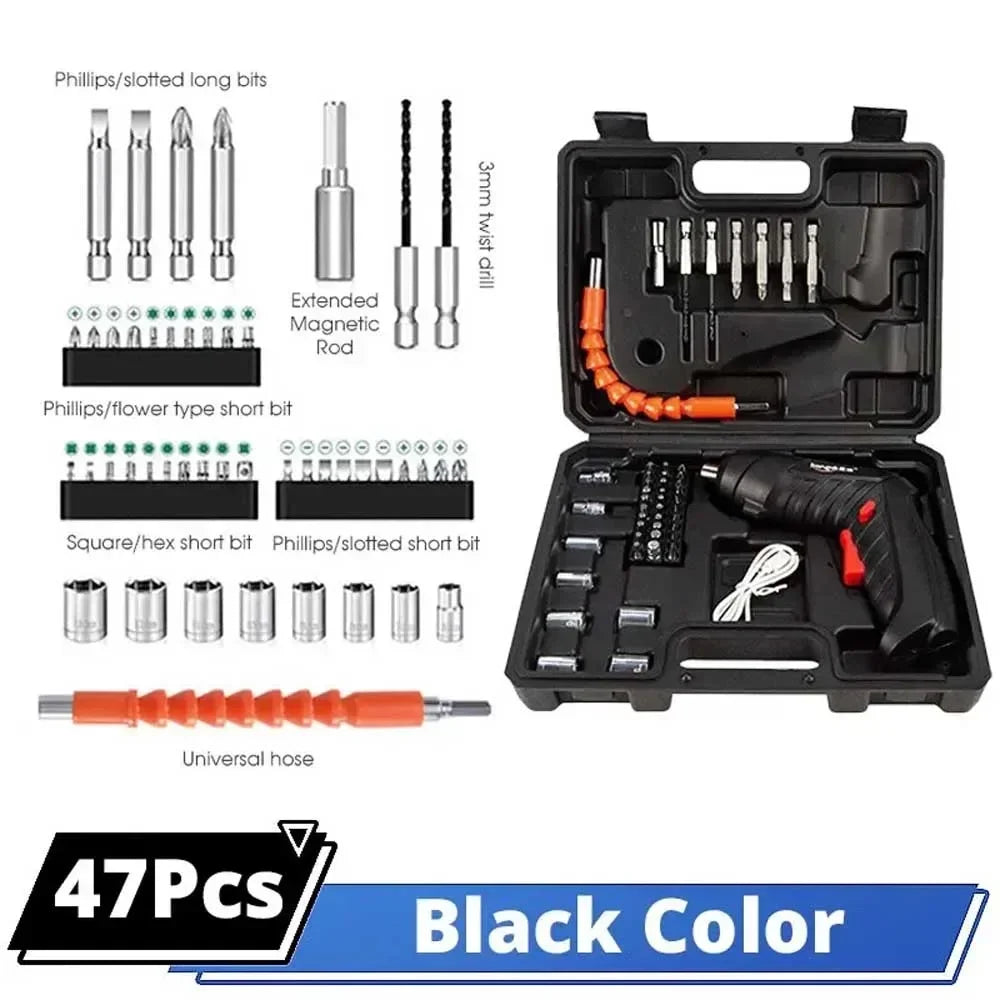 Rechargeable 3.6V Lithium Battery Cordless Electric Screwdriver & Drill Kit - Folding Power Tools for Home Use (2/47Pcs)