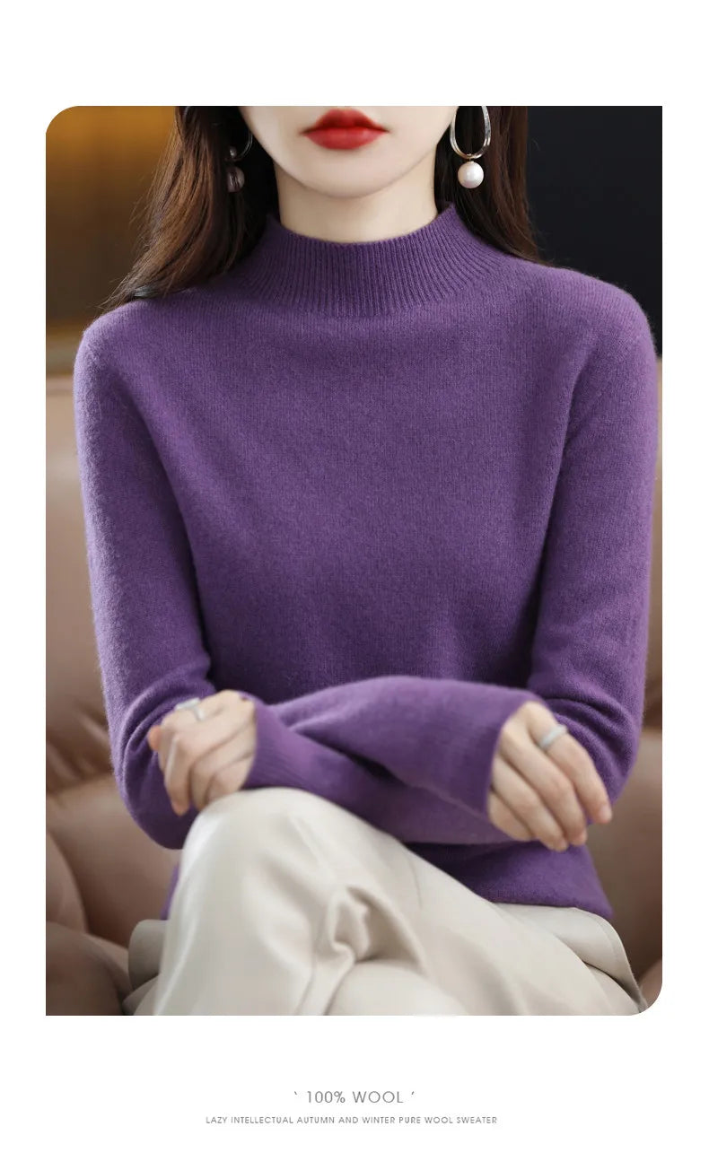 Luxurious 100% Pure Wool Half-Neck Cashmere Pullover: Women's Casual Knit Top for Autumn & Winter - 19 Vibrant Colors