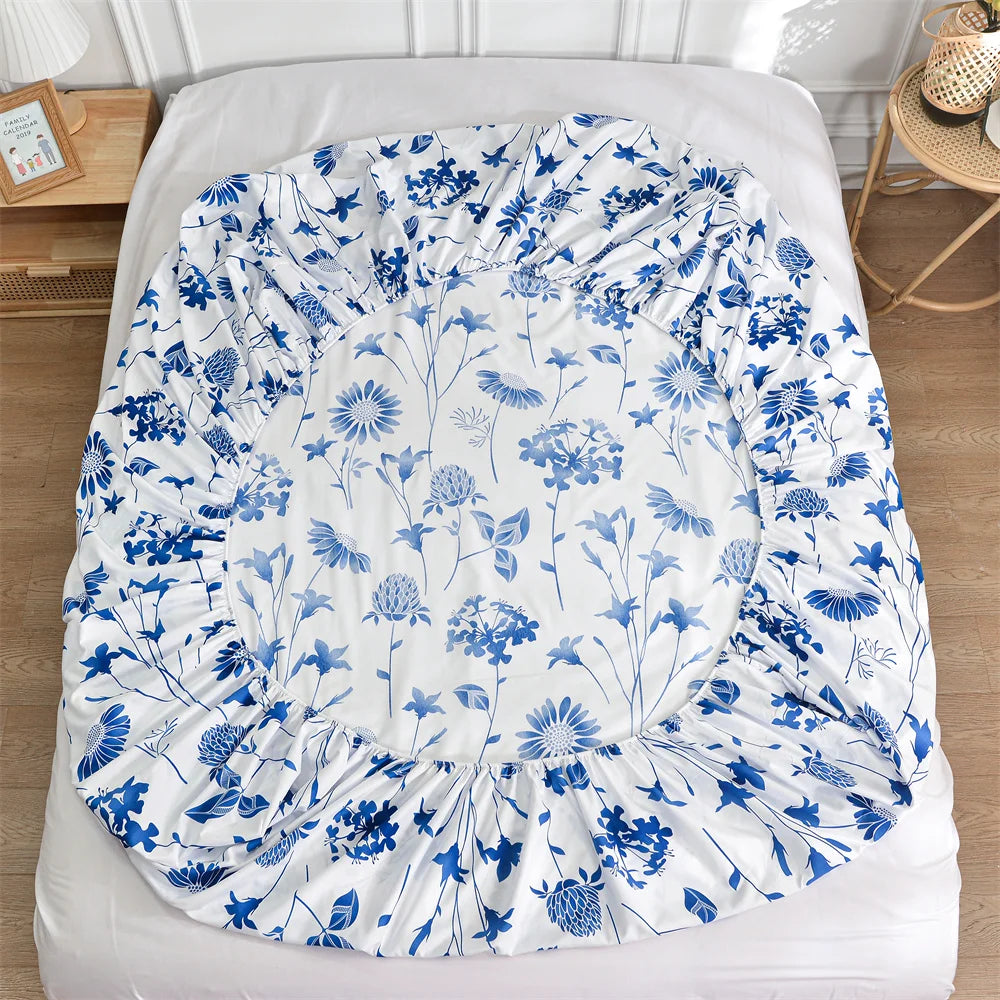 Blue Floral Elastic Fitted Bed Sheet - Twin/Queen/King Sizes, Reactive Printed Mattress Cover