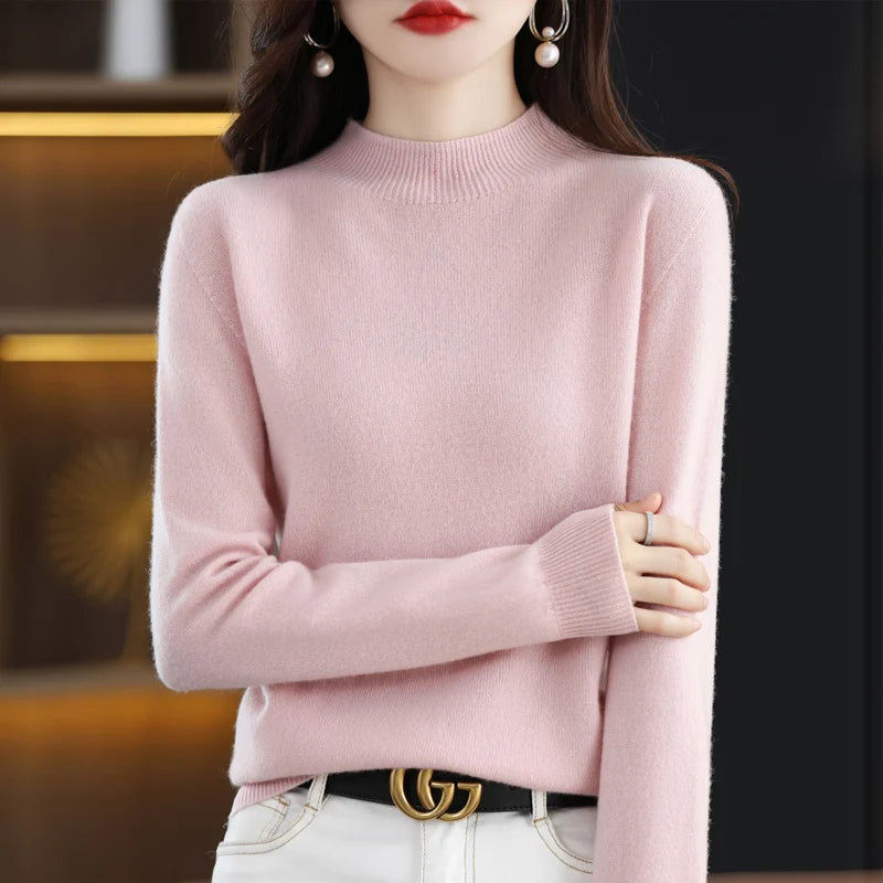 Luxurious 100% Pure Wool Half-Neck Cashmere Pullover: Women's Casual Knit Top for Autumn & Winter - 19 Vibrant Colors