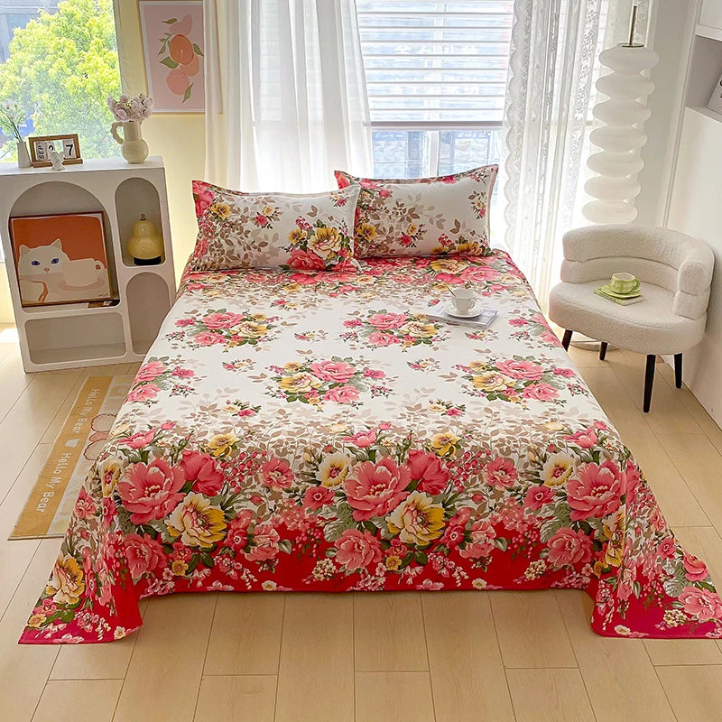 Luxurious Red Flower Printed Flat Bed Sheets - Double, Queen, and King Sizes Available - Premium Reactive Print